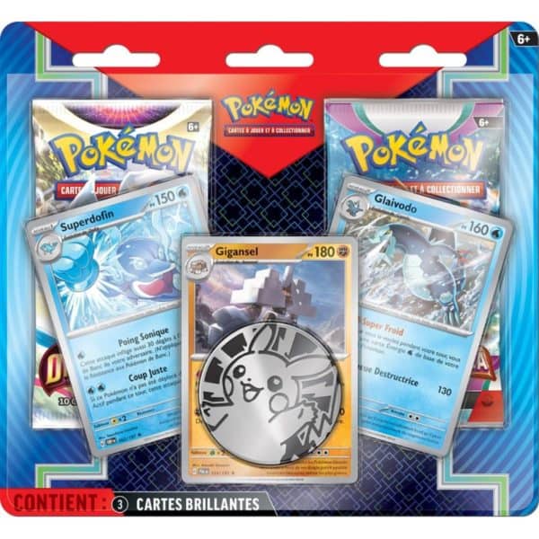 pokémon pack 2 boosters + 3 cartes brillantes superdolfin, gigansel, glaivodo